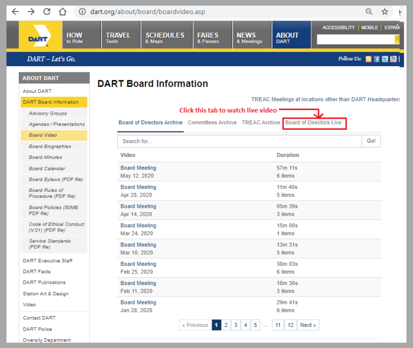 DART Board Information Page_Live Videos