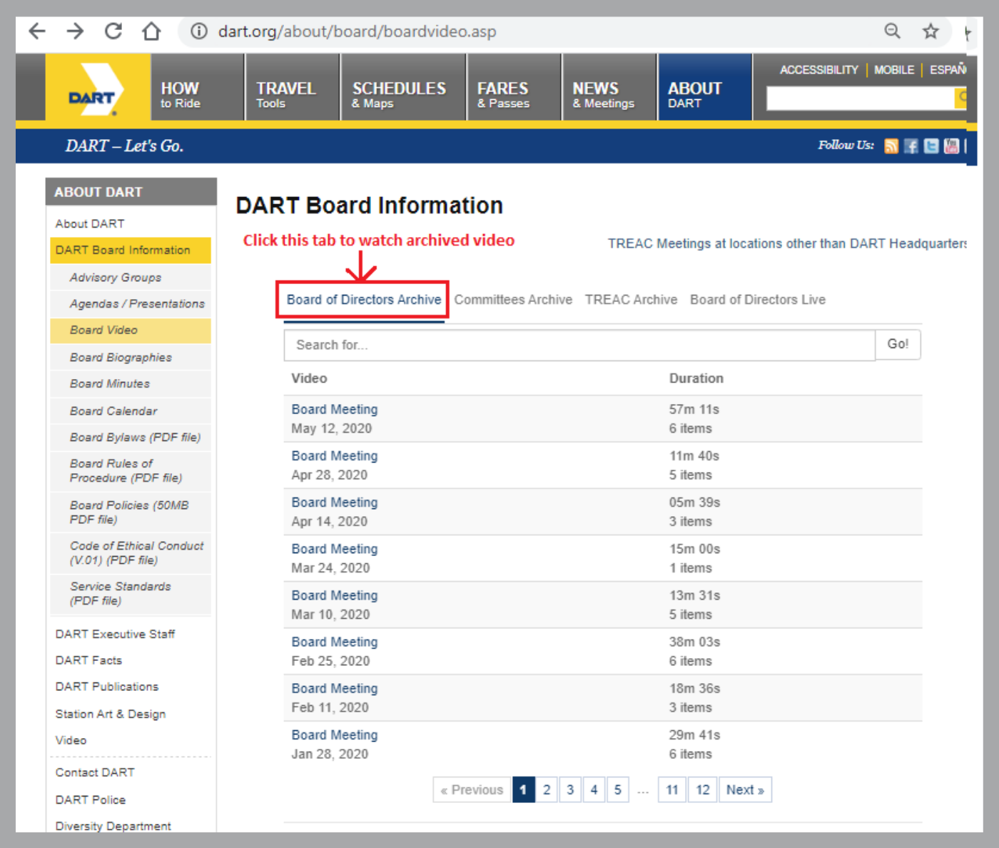 DART Public Meetings Page_Archived Videos