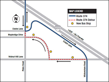 Route 374 westbound stops will move due to I-635 construction.